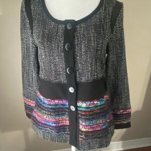 Dolcezza Black Knit Jacket Women's Small Multicolor Textured Trim Button Front